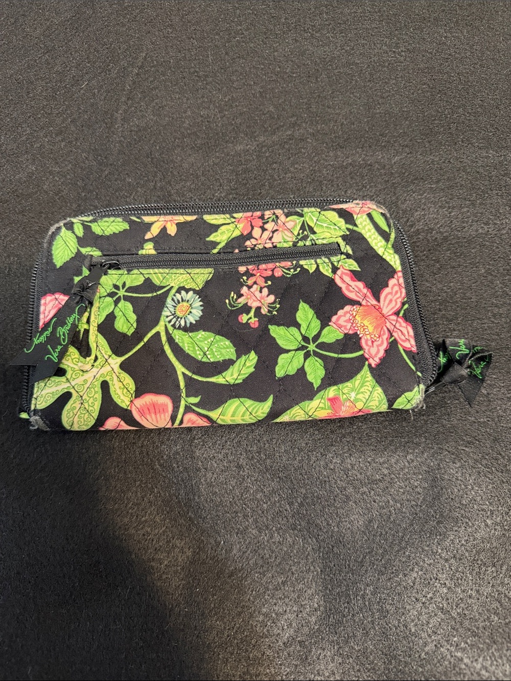 Vera Bradley Botanical Black Floral Zip Around Wallet with Pink & Green Blooms